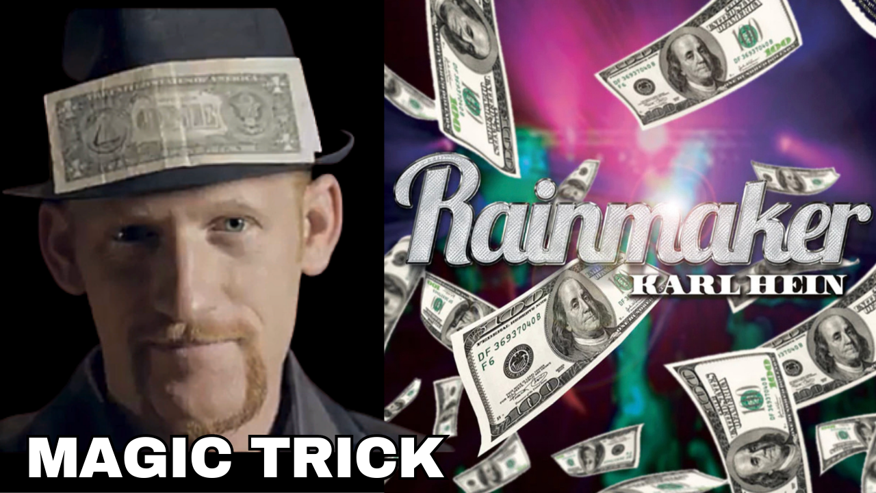 Magician with money bill on hat performing a magic trick.