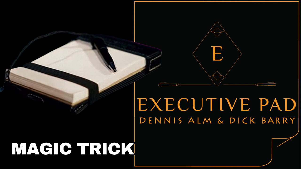Executive pad magic trick demonstration featuring a blank notepad and pen.