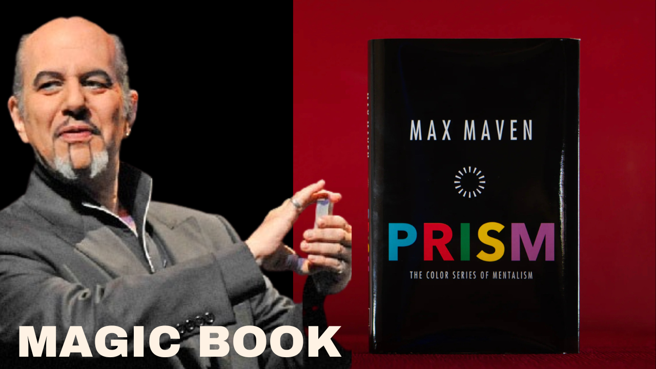 Hardcover book titled "Prism" by Max Maven, featuring colorful letters on a black cover, with a subtitle "The Color Series of Mentalism".