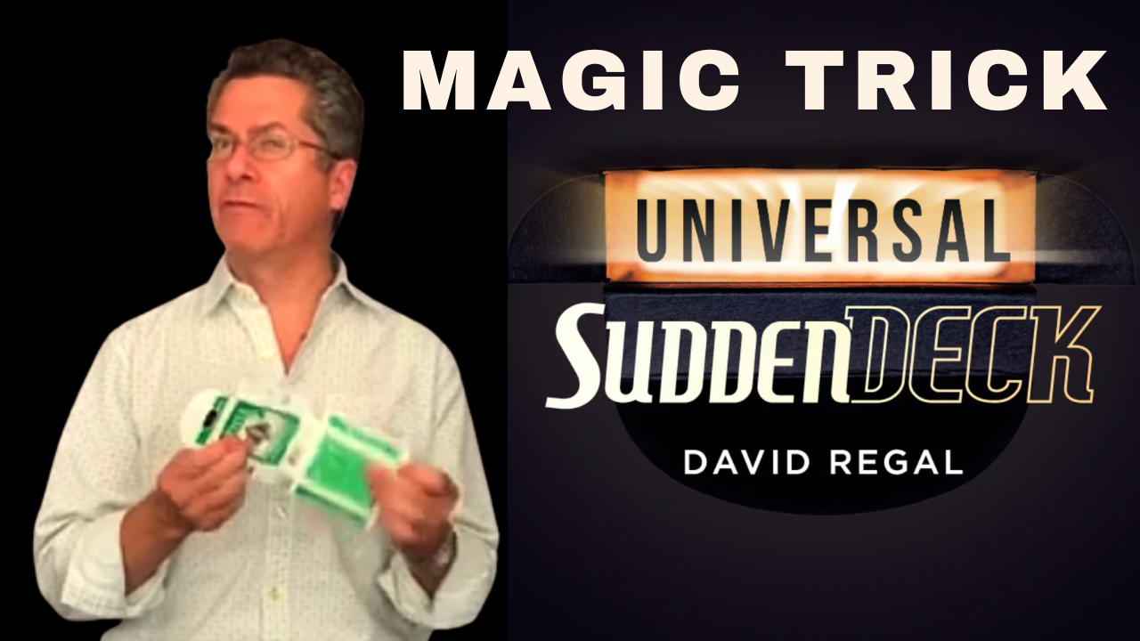 David Regal making a deck of cards appear from an empty card box standing next to Universal Sudden Deck by David Regal magic trick cover.