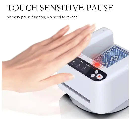 Touch-sensitive device with a hand activating a pause function on a small white machine.