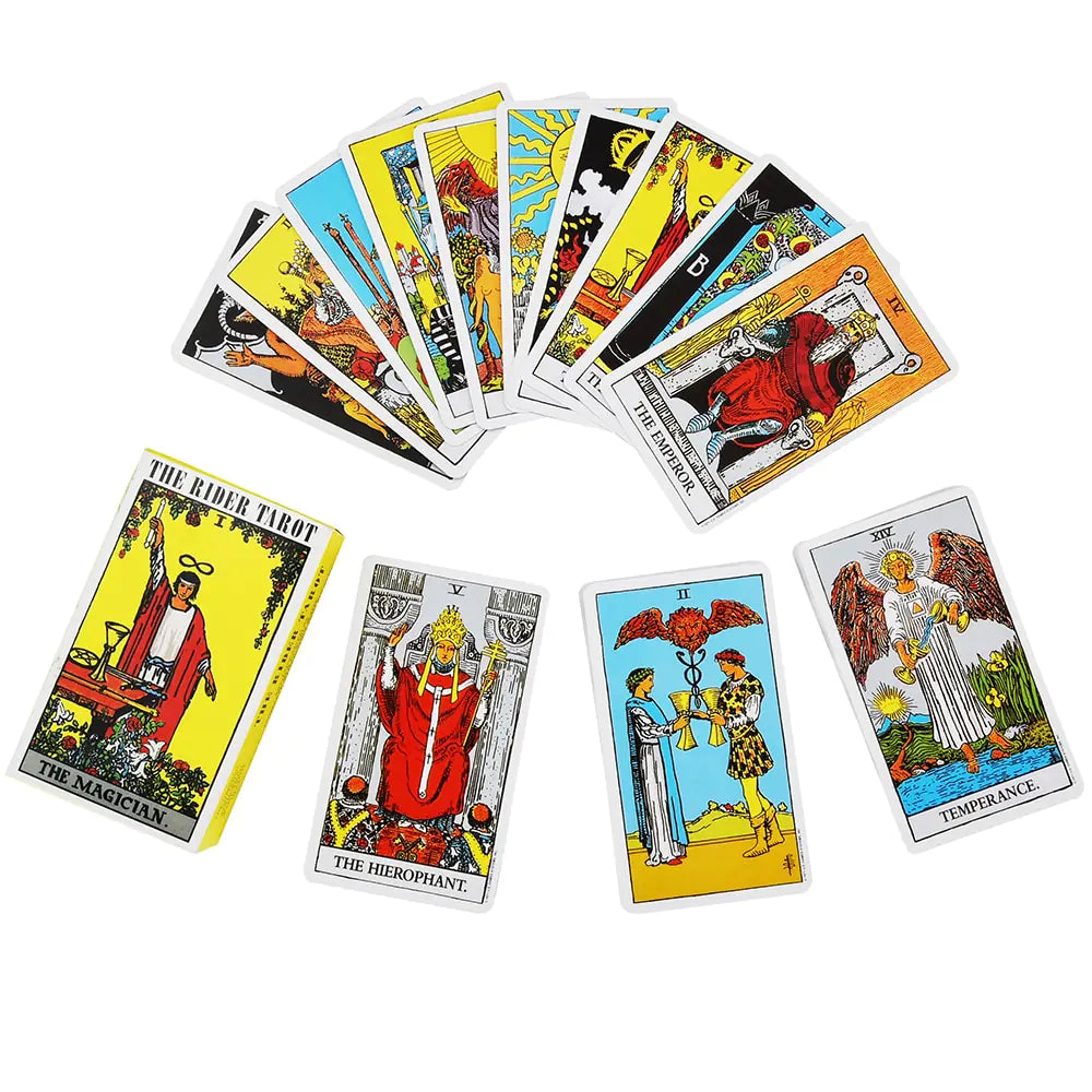 Rider Tarot cards spread out, showing The Magician, The Hierophant, The Emperor, Temperance, and other cards.