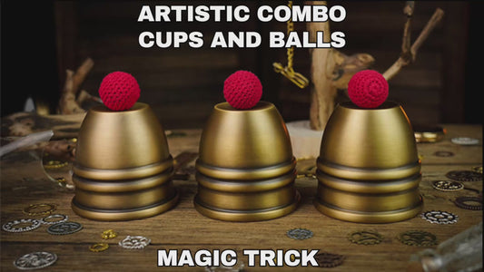 Three brass cups with three crochet red balls displayed ready to perform a magic cups and balls routine