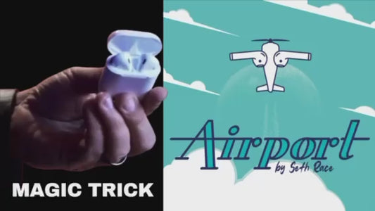Hand holding wireless earbuds case, a magic trick themed around an airplane graphic.
