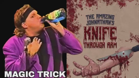 Man in purple jacket drinking from a bottle, juxtaposed with graphic image of a knife through an arm, depicting a magic trick.