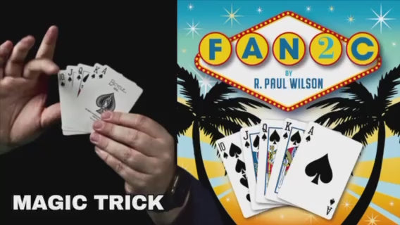 Hands performing a magic trick with playing cards, featuring a "FAN2C" book cover in the background. Demonstration video