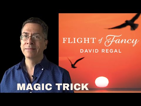 David Regal magician next to Magic trick cover for "Flight of Fancy" by David Regal, featuring a sunset over water with birds in flight. Demo video