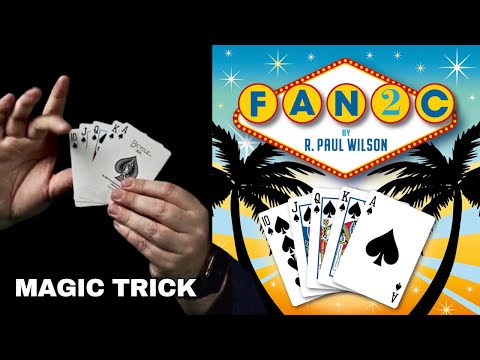 Hands performing a magic trick with playing cards, featuring a "FAN2C" book cover in the background. Demo video