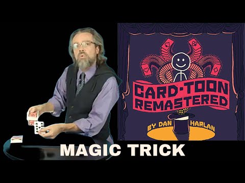 Dan Harlan Magician performing a card trick with a graphic of "Card-Toon Remastered" in the background.