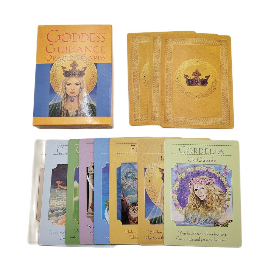 Goddess Guidance Oracle Cards, including cards with female figures, quotes, and titles like "Cordelia Go Outside".