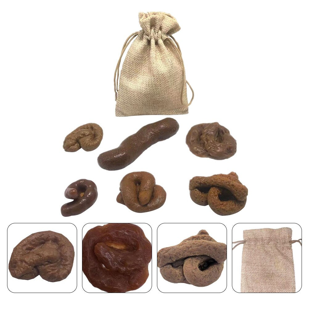 Assorted brown, molded poop-shaped figurines in a beige burlap drawstring bag.