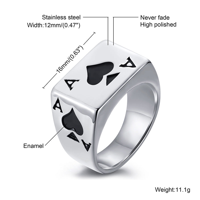 Stainless steel ring featuring black ace of spades design, 12mm wide and 16mm long.