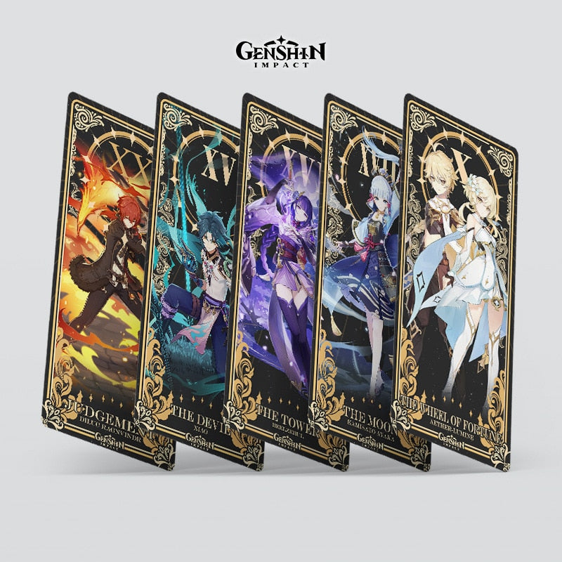 Four Genshin Impact tarot cards depicting characters in various poses and attire.