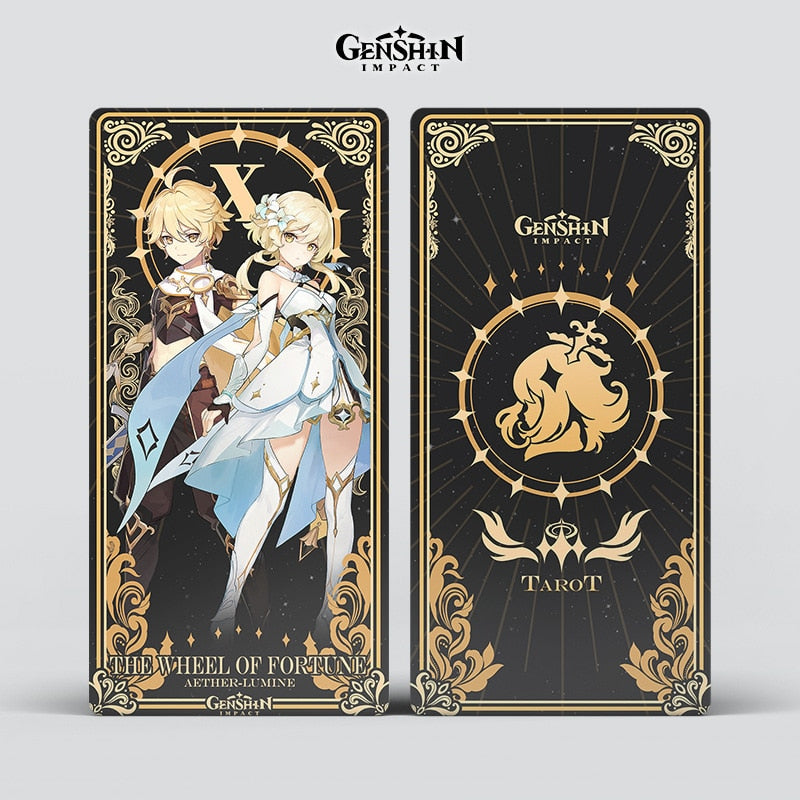 Tarot card featuring characters Aether and Lumine from Genshin Impact, depicting The Wheel of Fortune.