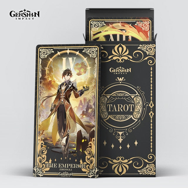 Genshin Impact Tarot card featuring The Emperor, Zhongli, in a gold-accented black card set.