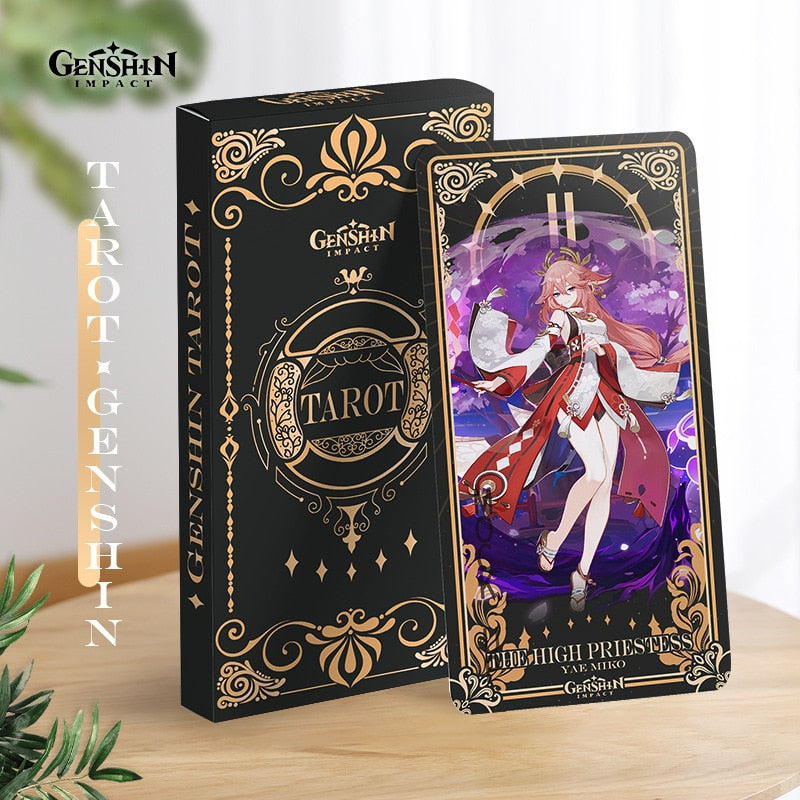 Genshin Impact Tarot card featuring the High Priestess, Yae Miko, on a black and gold deck.