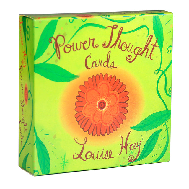 Boxed set of Power Thought Cards by Louise Hay, featuring a vibrant lime green background with orange flowers and script text.