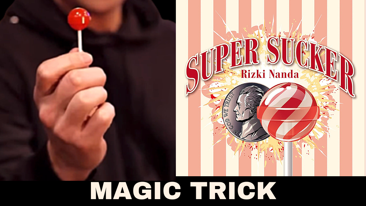 Hand holding a lollipop, part of a magic trick demonstration, with a cover featuring a coin and a lollipop.