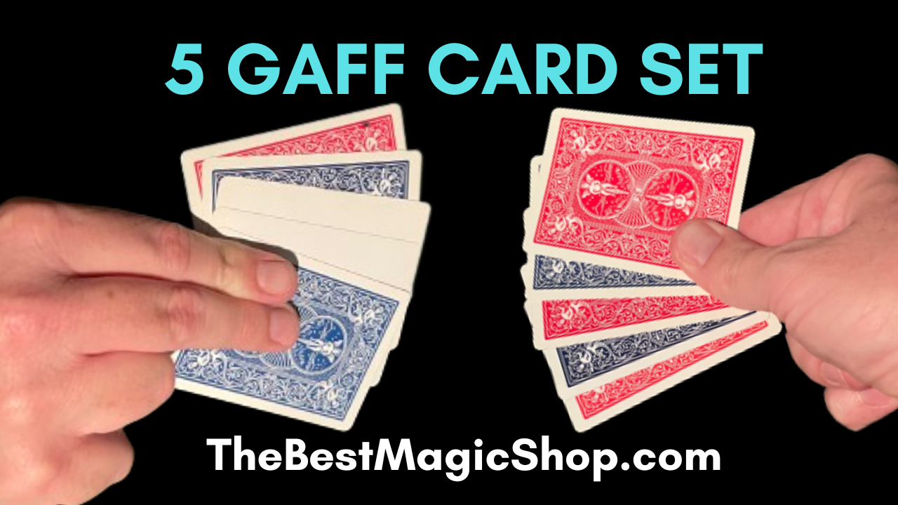 Two hands hold five playing cards each, with blue cards on the left and red cards on the right. Text above reads “5 GAFF CARD SET,” while below, “The best magic shop—TheBestMagicShop.com” appears on a black background.