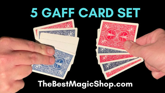Two hands hold five playing cards each, with blue cards on the left and red cards on the right. Text above reads “5 GAFF CARD SET,” while below, “The best magic shop—TheBestMagicShop.com” appears on a black background.