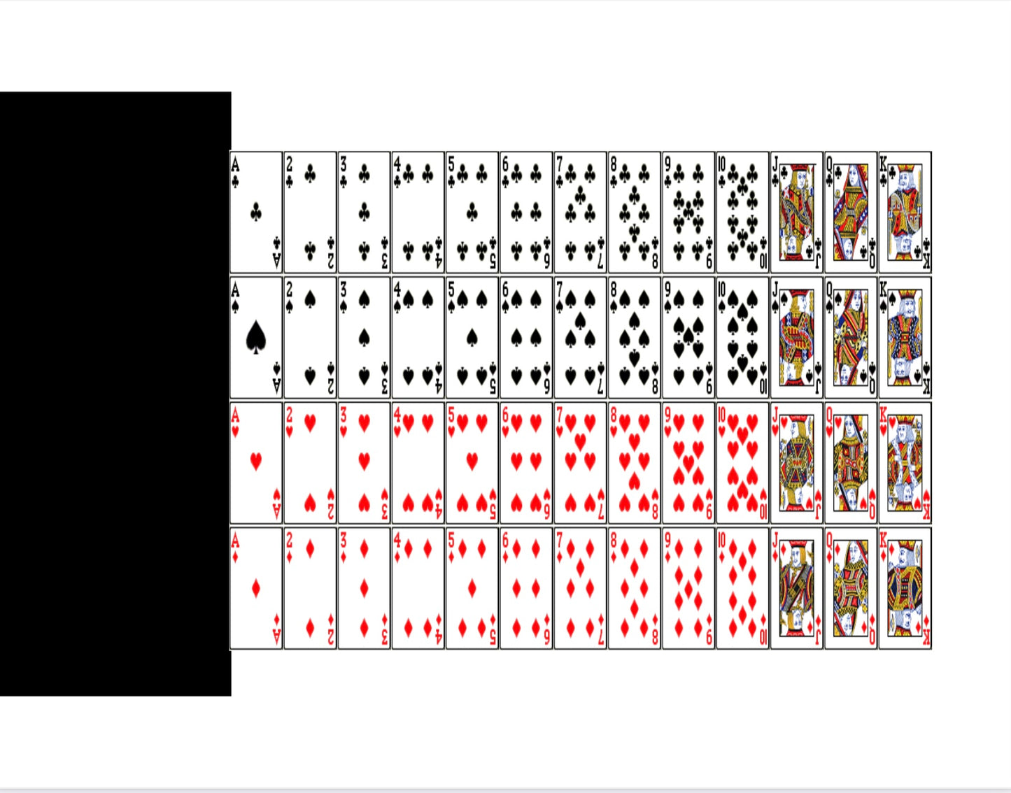 Standard deck of playing cards, arranged by suit and rank.