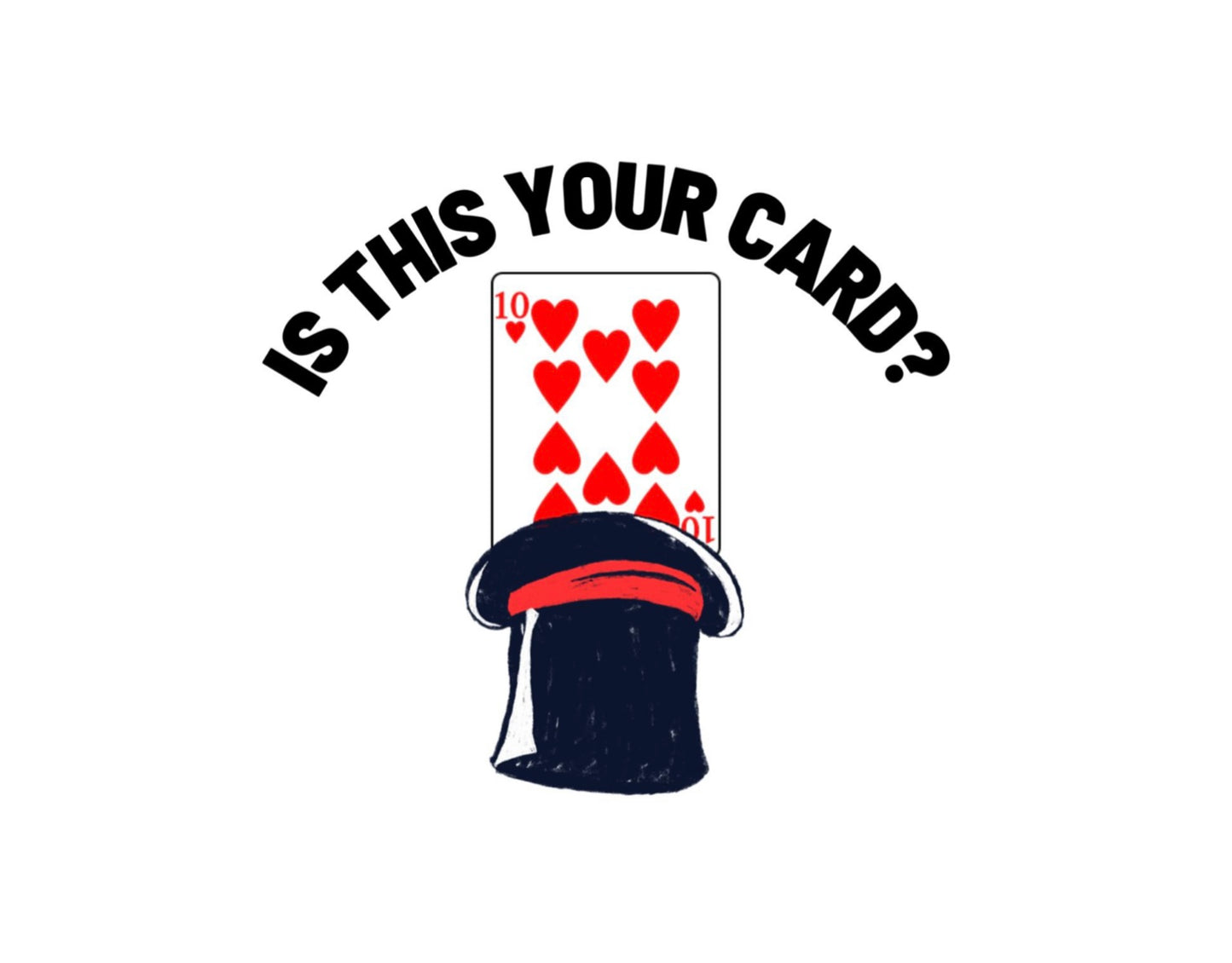 A playing card, ten of hearts, is shown behind a magician's hat, with the text "Is this your card?".