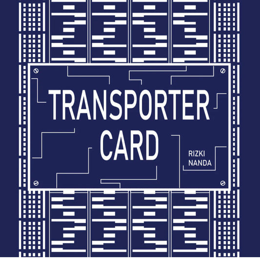 Dark blue graphic with white transporter card text and circuit board design.