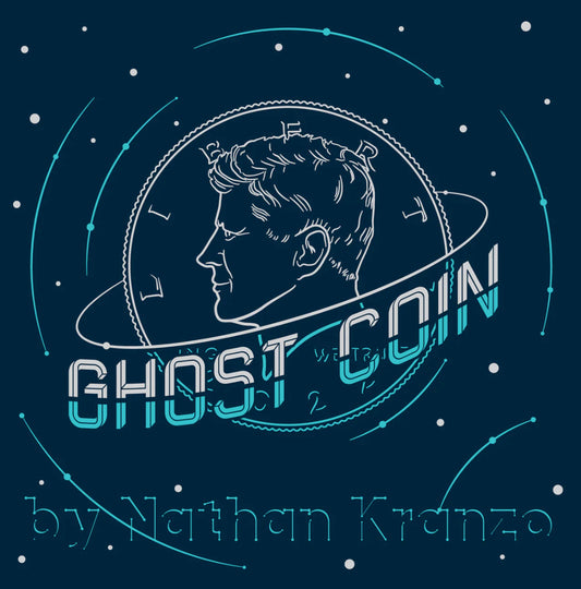 Magic trick cover for "Ghost Coin" by Nathan Kranzo, featuring a stylized coin design with a profile portrait and space-themed elements.