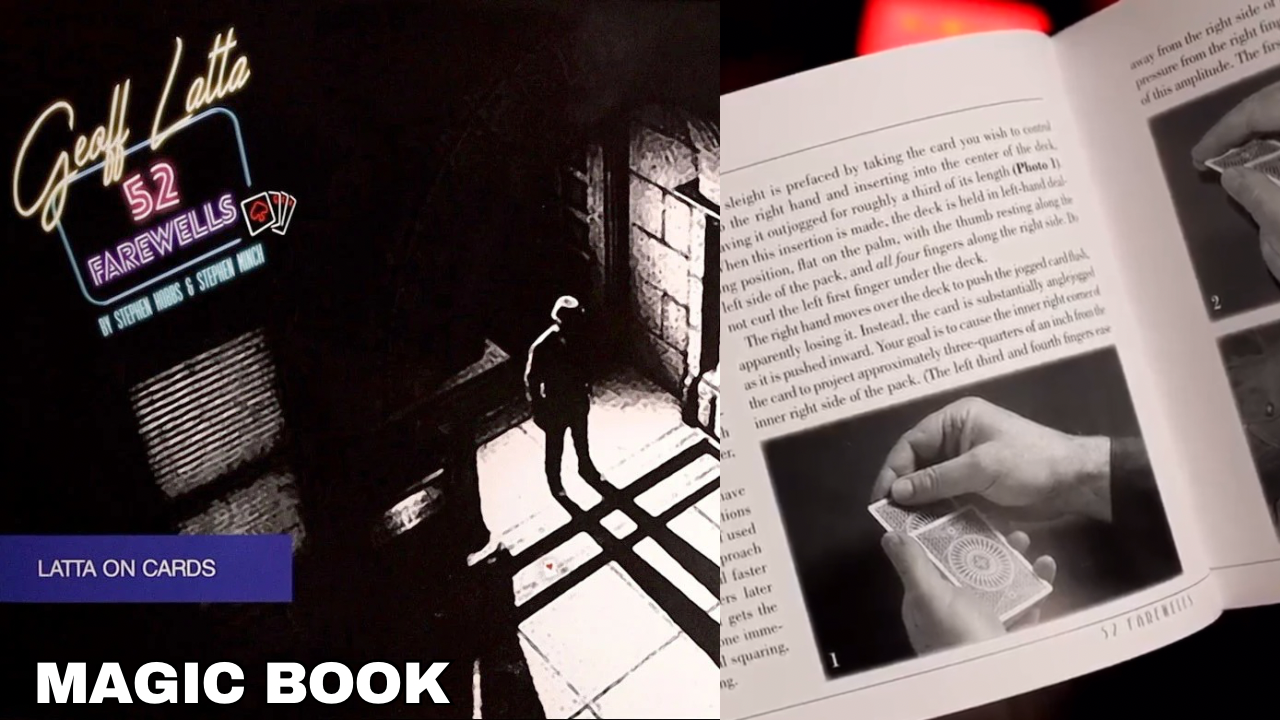 Black and white image of a person walking away in a hallway, with neon text for a card magic book titled 52 Farewells by Geoff Latta. 