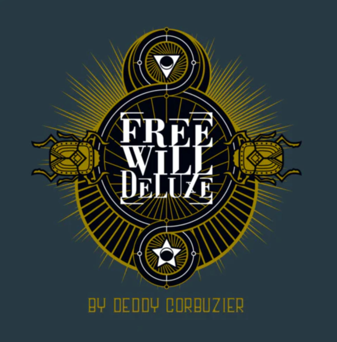 Magic trick cover for "Free Will Deluxe" by Deddy Corbuzier, featuring a stylized, circular design with gold accents, and images of beetles.