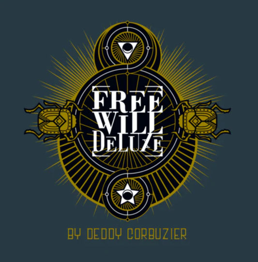 Magic trick cover for "Free Will Deluxe" by Deddy Corbuzier, featuring a stylized, circular design with gold accents, and images of beetles.