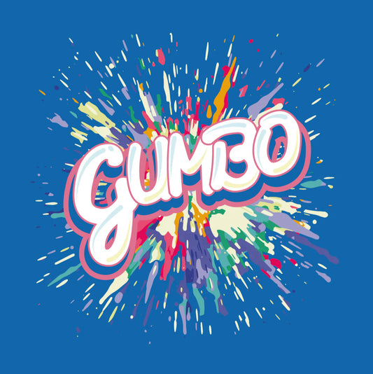 Handheld miniature Trident gum pack displayed in a magic trick, alongside a colorful Gumbo graphic.