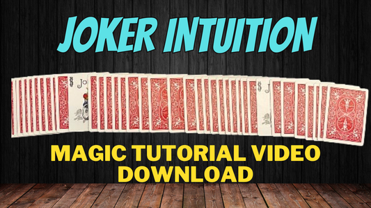 Deck of red playing cards arranged in a stack, displayed with text overlay indicating a magic tutorial video download.