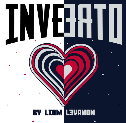 Magic trick cover for "INVERTO" by Liam Levanon, featuring a stylized heart graphic in red, white, and gray, split between two halves of contrasting colors.
