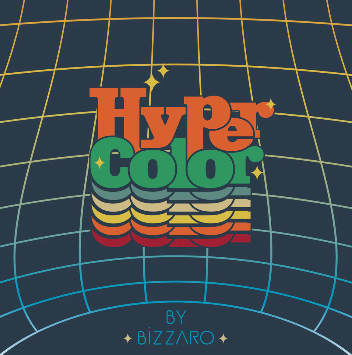 Retro-styled graphic with "Hyper Color" text in layered, vibrant colors, and a gridded background.