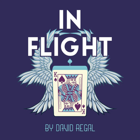 Magic trick cover for "In Flight" by David Regal, featuring a king of spades playing card with stylized wings.