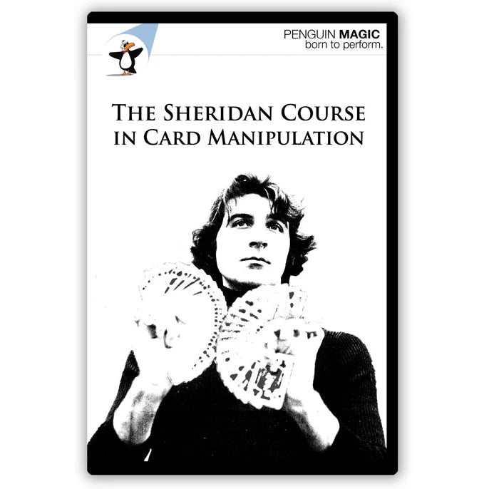Black and white image of a man performing card manipulation, cover art for "The Sheridan Course in Card Manipulation" magic instructional DVD.