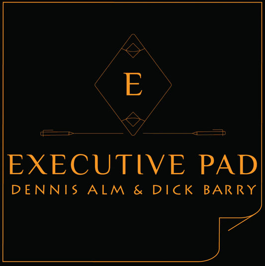 Executive pad magic trick demonstration featuring a blank notepad and pen.