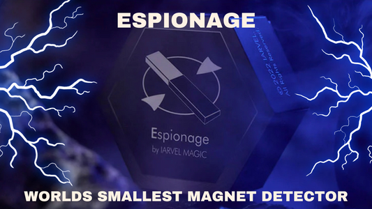 Promotional graphic for the Espionage, the world's smallest magnet detector, by IARVEL MAGIC, featuring a stylized depiction of a rotating magnet and lightning bolts.