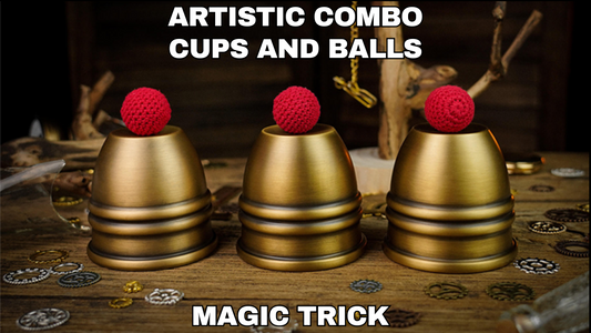 Three brass cups with three crochet red balls displayed 