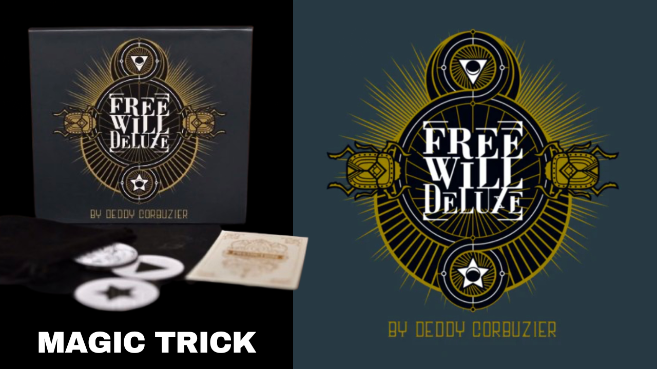 Magic trick cover for "Free Will Deluxe" by Deddy Corbuzier, featuring a stylized, circular design with gold accents, and images of beetles.
