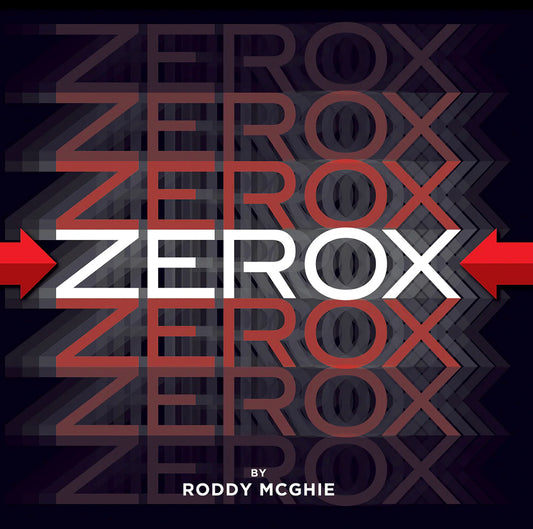 Graphic design featuring layered, overlapping text of "ZEROX" in white, red, and gray, with a red arrow pointing to the right and author's name Roddy McGhie at the bottom.