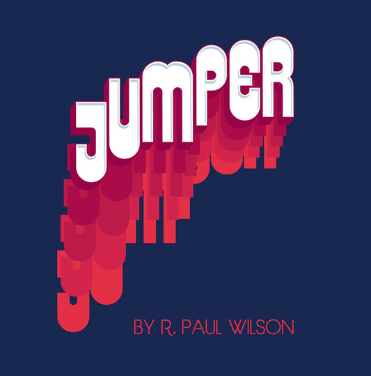 Title graphic for the Magic trick "Jumper" by R. Paul Wilson, featuring stylized, white lettering on a dark blue background with overlapping red graphic elements.