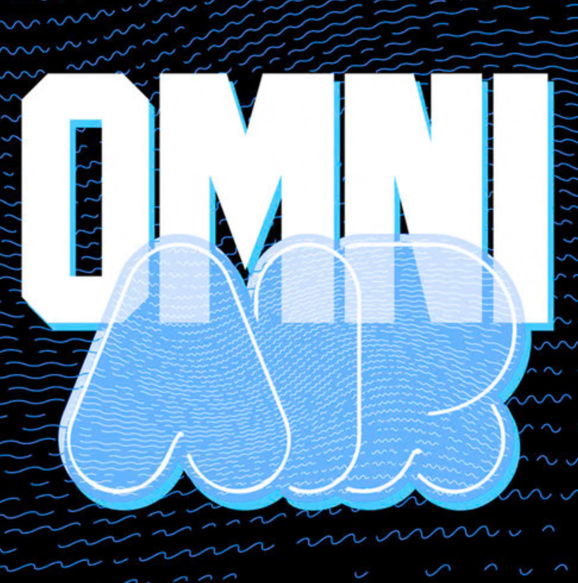 Omni Air logo, stylized white text on a dark background with light blue waves and textured shapes.
