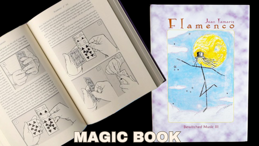 Open Flamenco magic book by Juan Tamariz showing card manipulation instructions and a cover featuring a whimsical illustration of a figure dancing in the sky.
