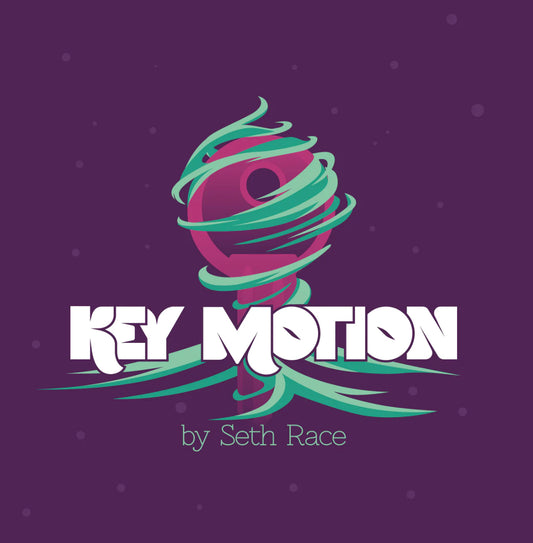 Colorful logo for "Key Motion" magic trick by Seth Race, featuring a stylized key-shaped object with swirling teal/green elements, on a deep purple background.