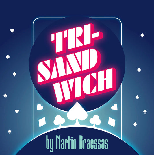 Promotional poster for "Tri-Sandwich" by Martin Braessas, featuring large, stylized text and playing card symbols.