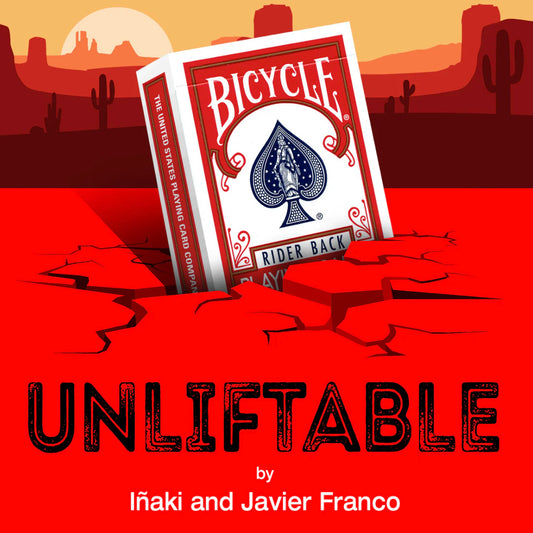Bicycle playing cards sinking into cracked red earth, title "UNLIFTABLE" by Iñaki and Javier Franco.