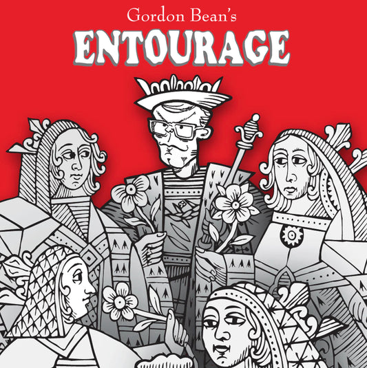 Magic trick cover for "Entourage" by Gordon Bean, featuring stylized black and white illustrations of historical figures.