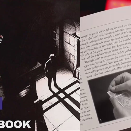 Black and white image of a person walking away in a hallway, with neon text for a card magic book titled 52 Farewells by Geoff Latta.  Demonstration video